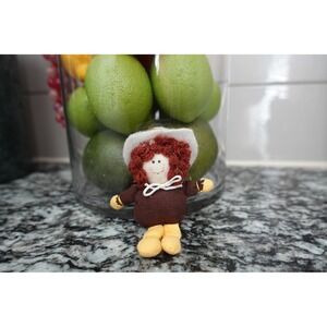 Vintage Country Girl Doll Ornament Brown Dress Red‎ Hair White Hat Decoration